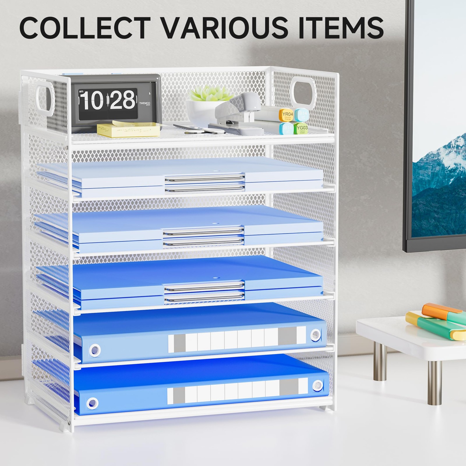 6Tier Metal Mesh Desk Paper File Organizer Handle Stackable Letter Tray