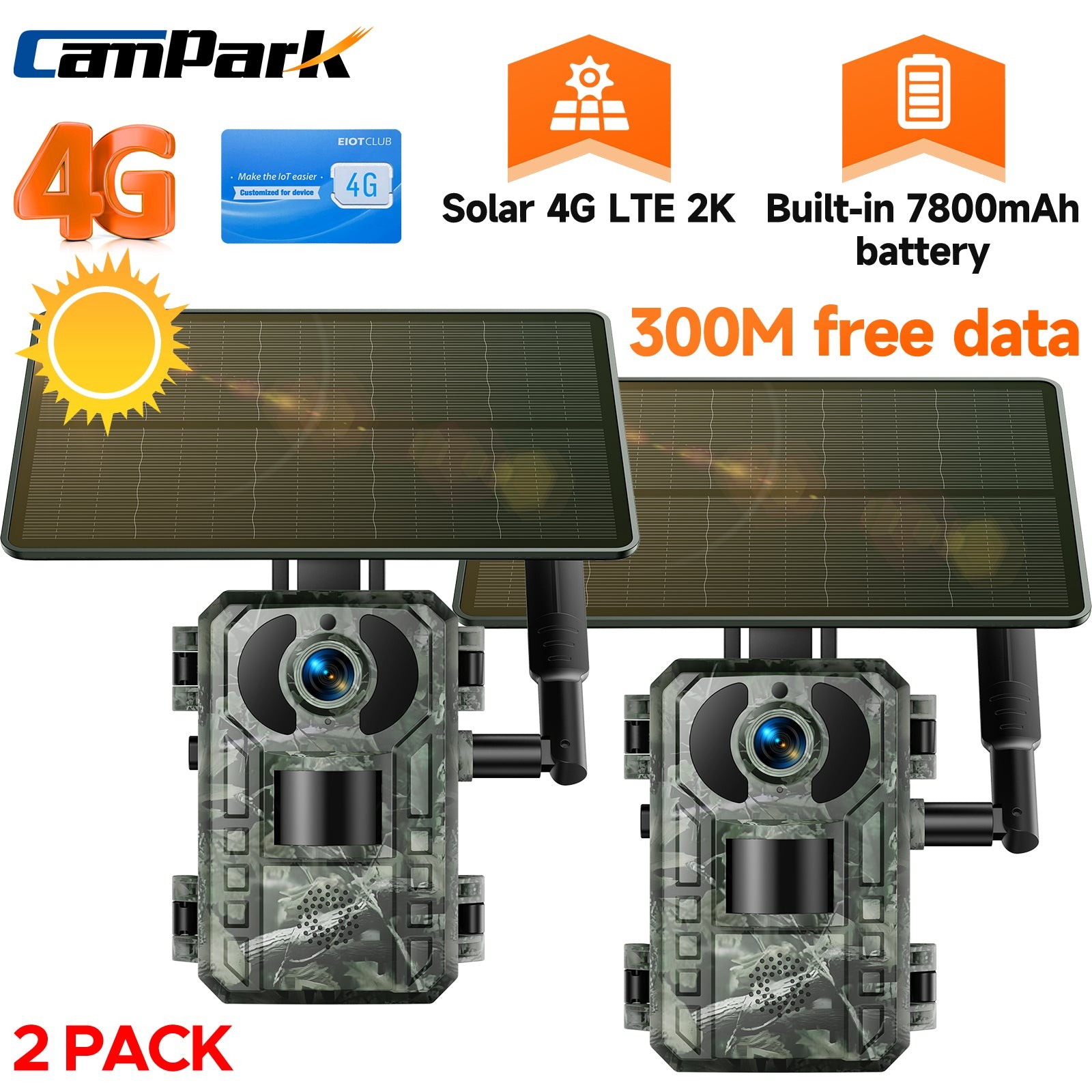 2Pack Solar Cellular Trail Camera with 2.5K Live Streaming 4G LTE Game Cam SIM
