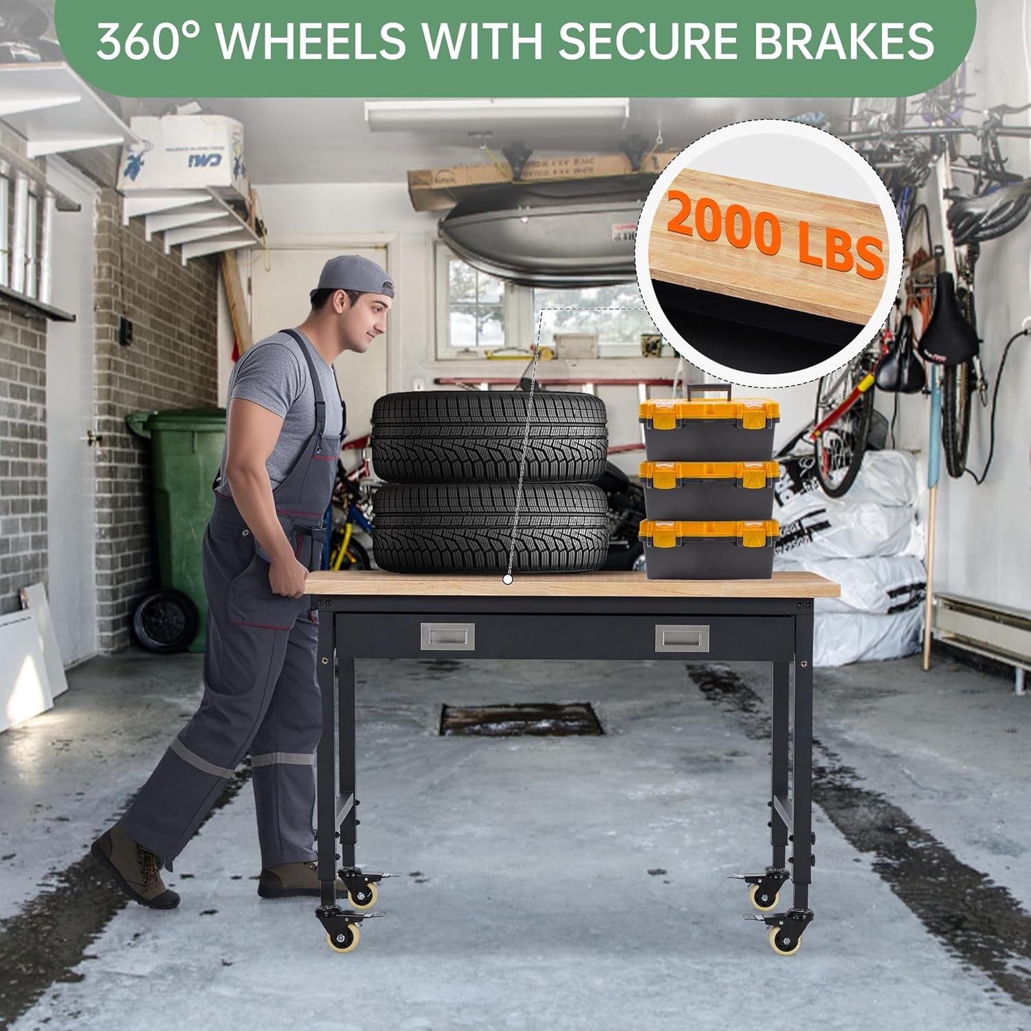 48x24"Adjustable Garage Workbench&Drawer,2000LB,USB Port,WorkstationMobile Table