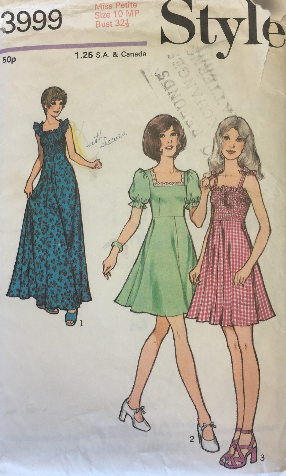 1972 Style Sewing Patten 3999 Miss Petite sz 10, 70s Dress, shirred elastic
