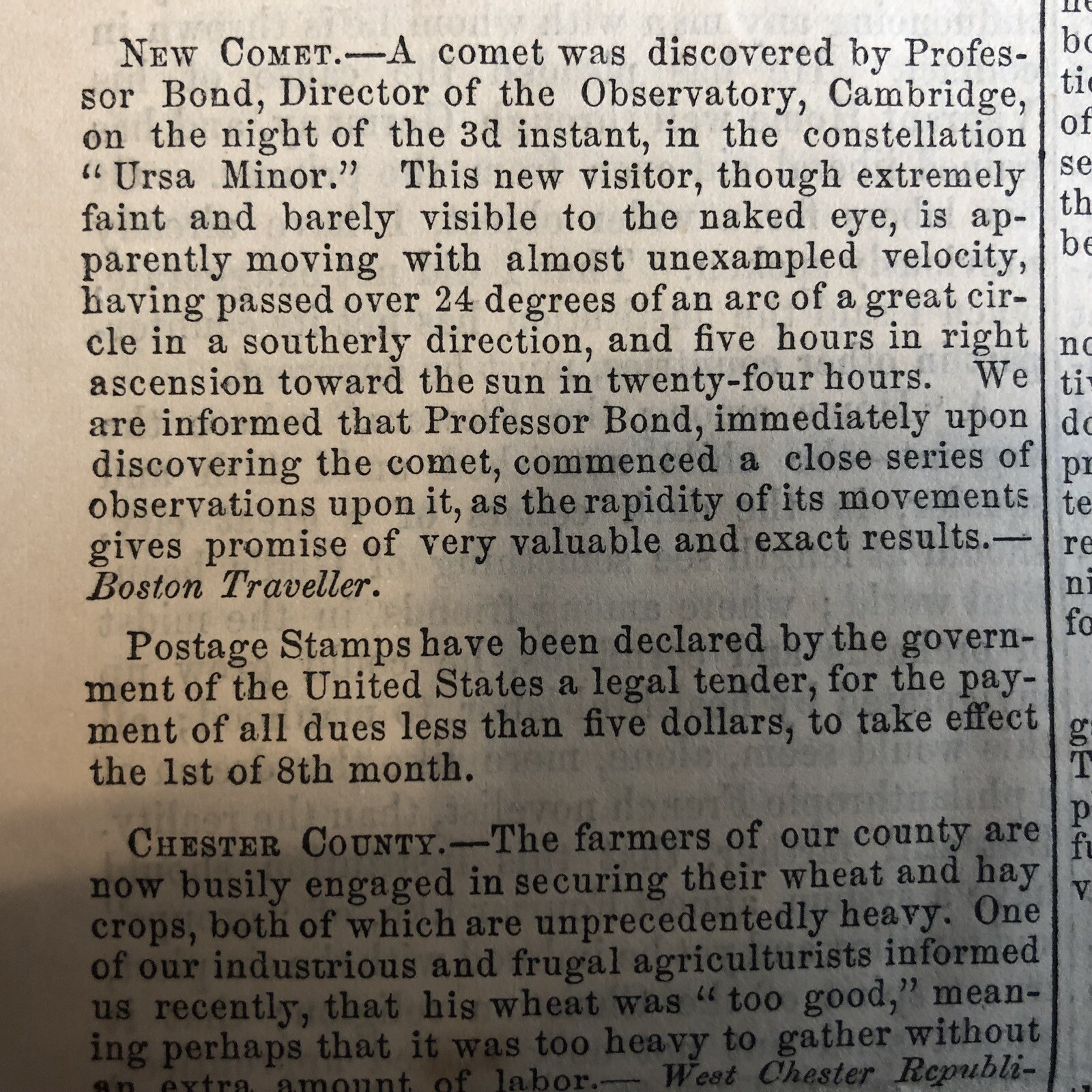 1862 Newspaper ASTRONOMER GEORGE BOND DISCOVERS COMET 1862 II @ Harvard College