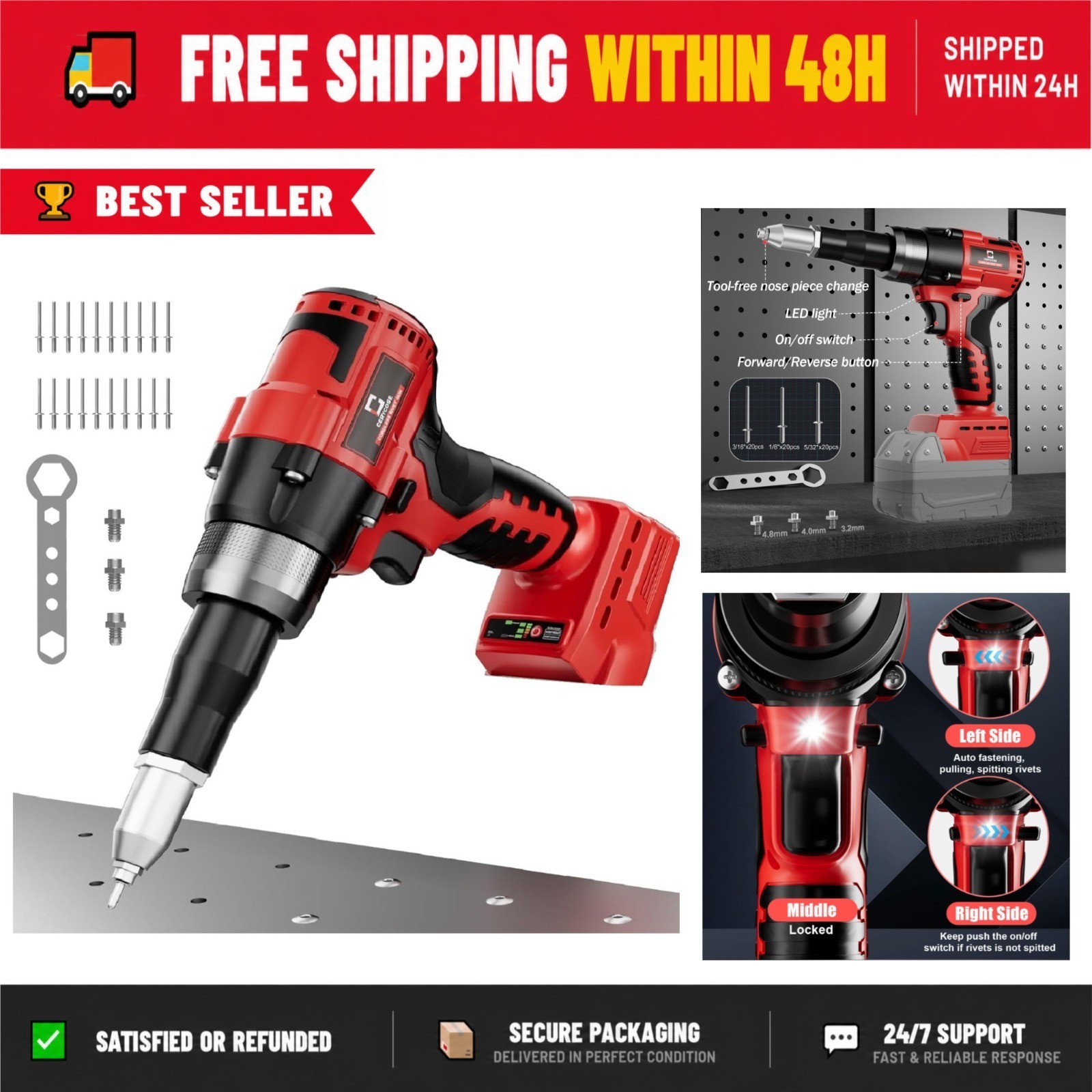 Cerycose Cordless Rivet Gun Kit with 3 Sizes, Brushless Motor, LED Light