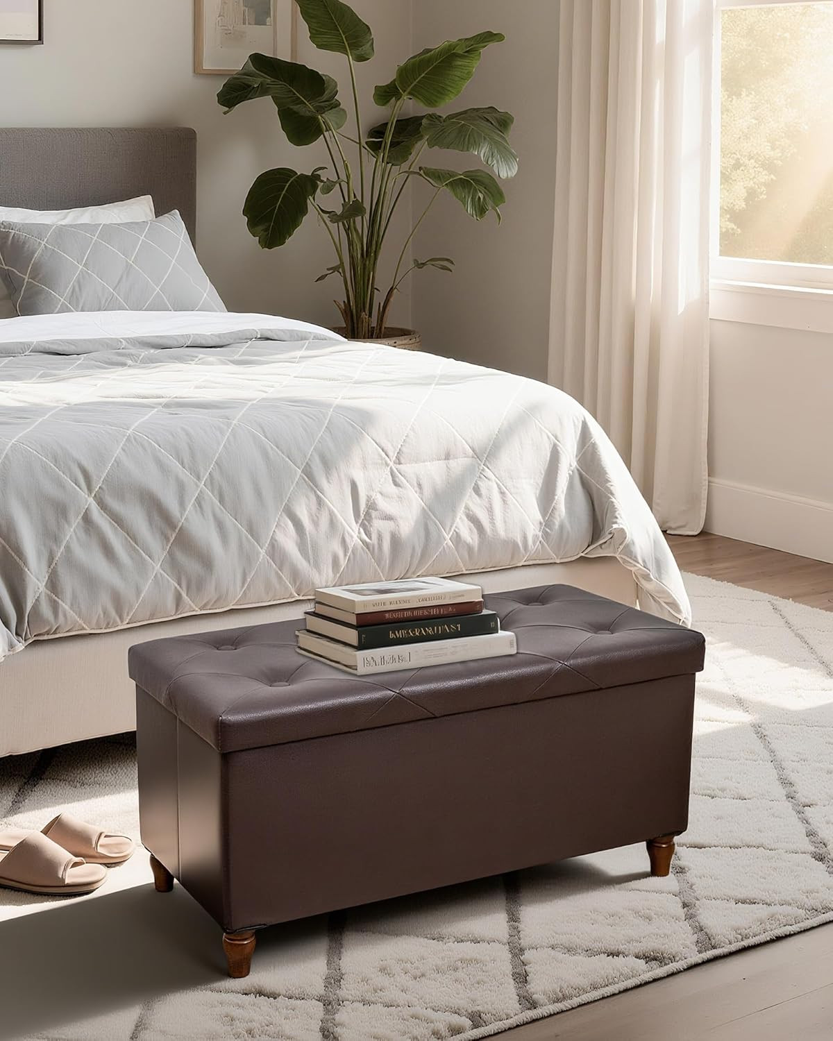 30" Faux Leather Storage Ottoman Bench with Wooden Legs - Large Capacity, Brown