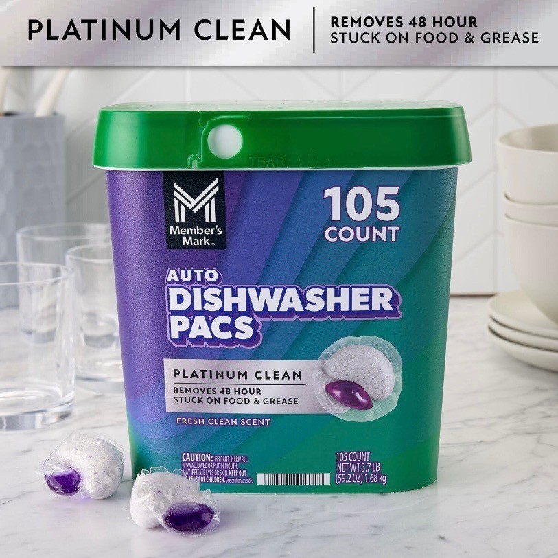 Member's Mark Dishwasher Pacs, 105 ct – Platinum Clean, Automatic.
