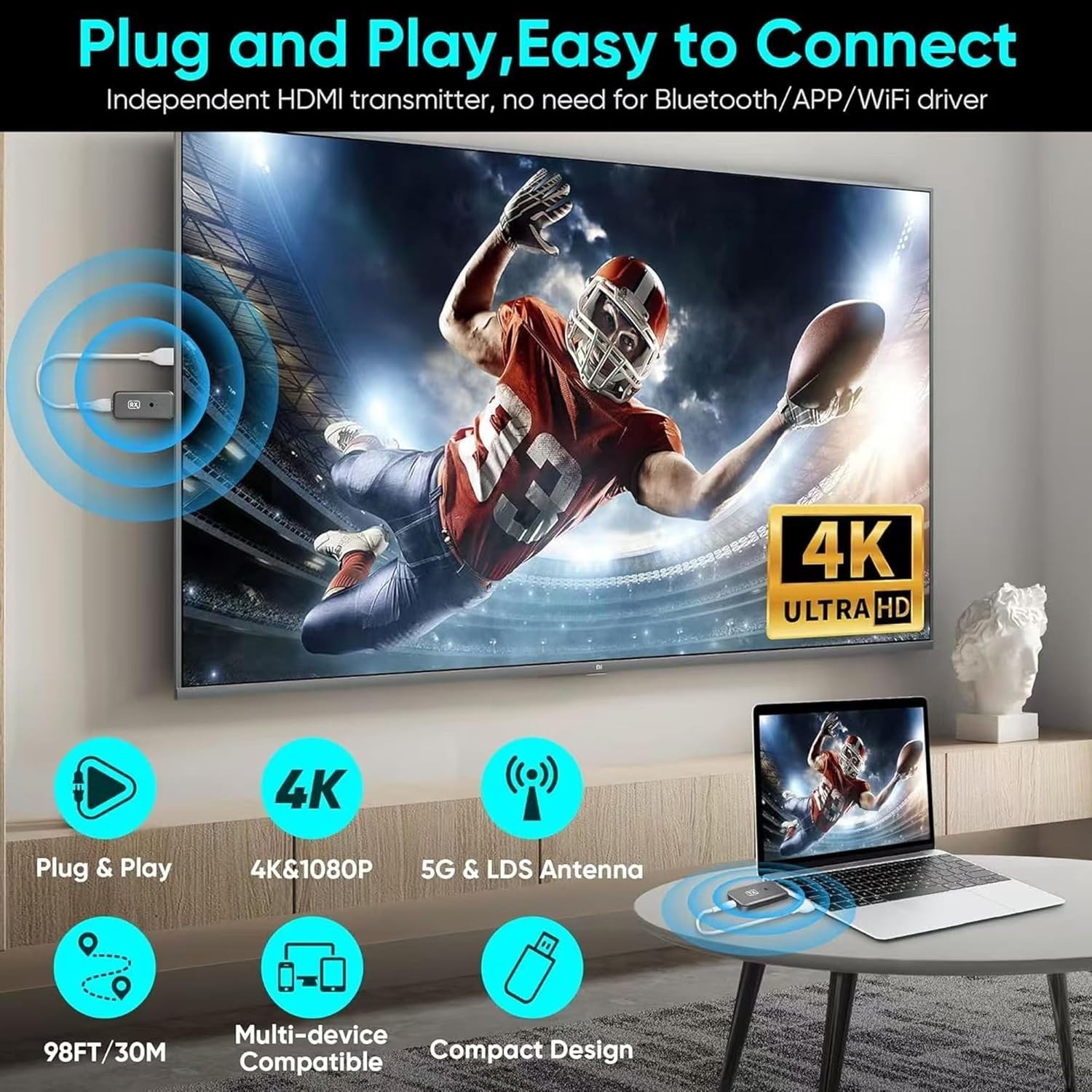 T81 Wireless HDMI Transmitter & Receiver - 100ft Plug & Play Streaming Kit
