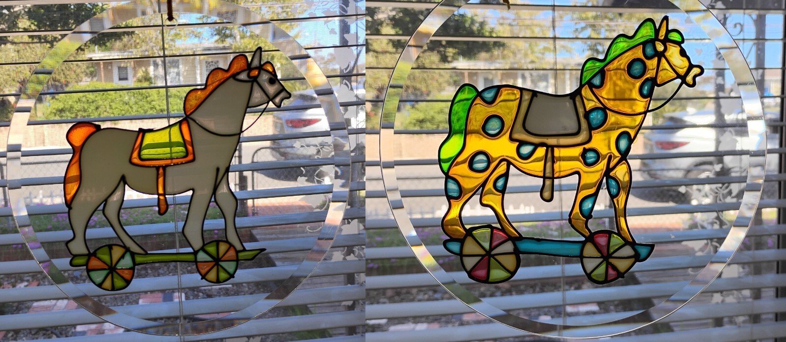 2 Hand painted Rocking Horse Suncatchers 8in