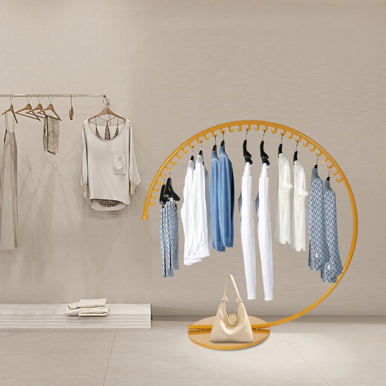 Heavy Duty C-Shaped Clothing Rack Gold Retail Boutique Garment Display Stand