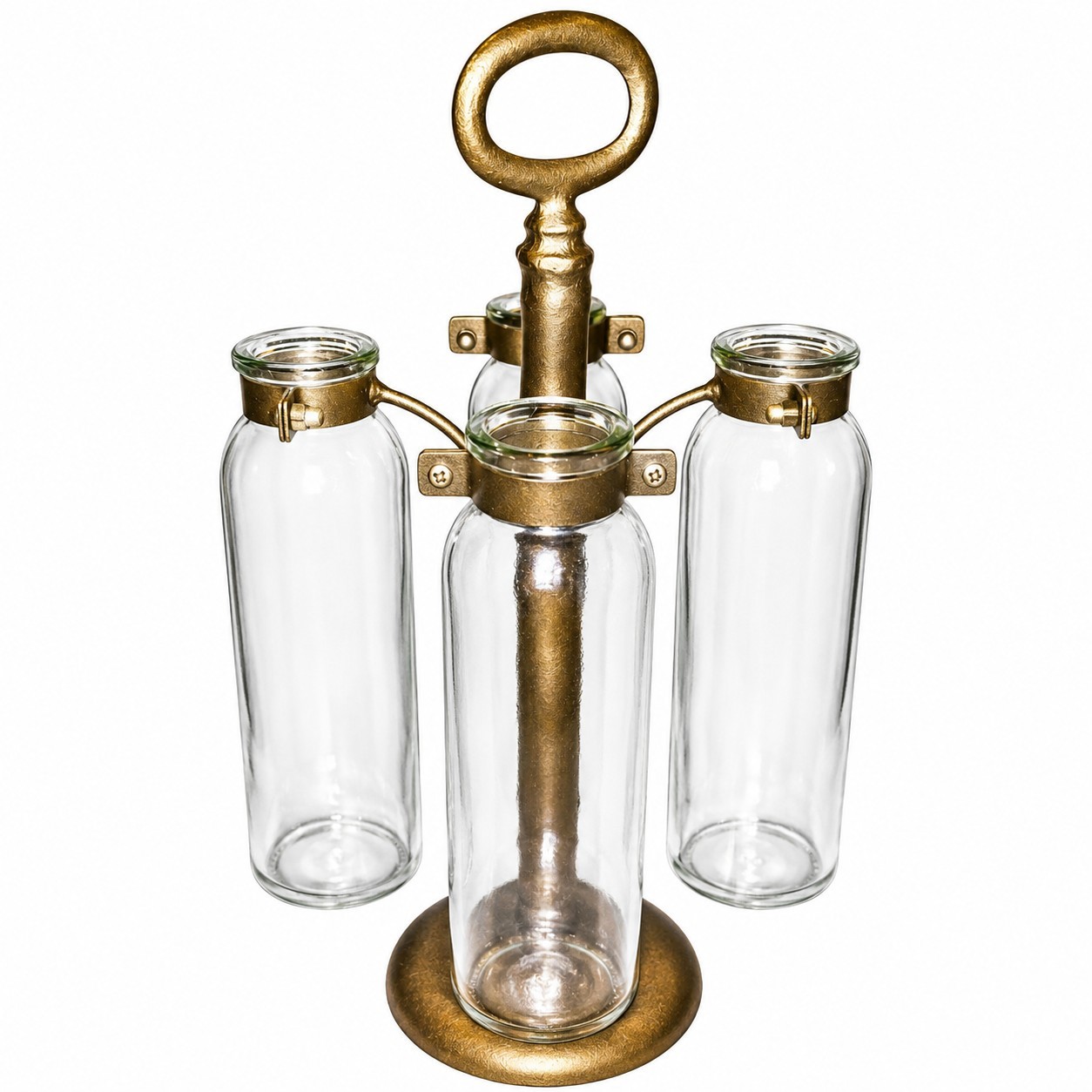 4 Bottle Glass Propagation Station Antique Brass Hydroponic Plant Cutting Vase