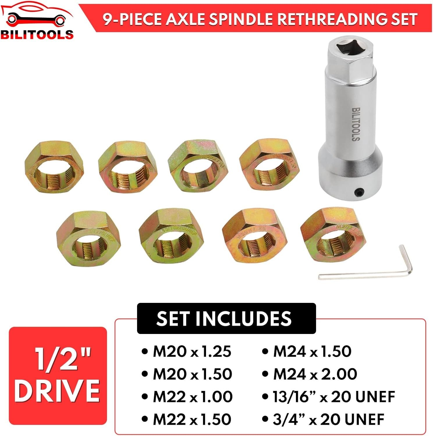 Axle Spindle Rethreading Tool Kit, 10-Piece Axle Wheel Stud Thread Chaser Repair