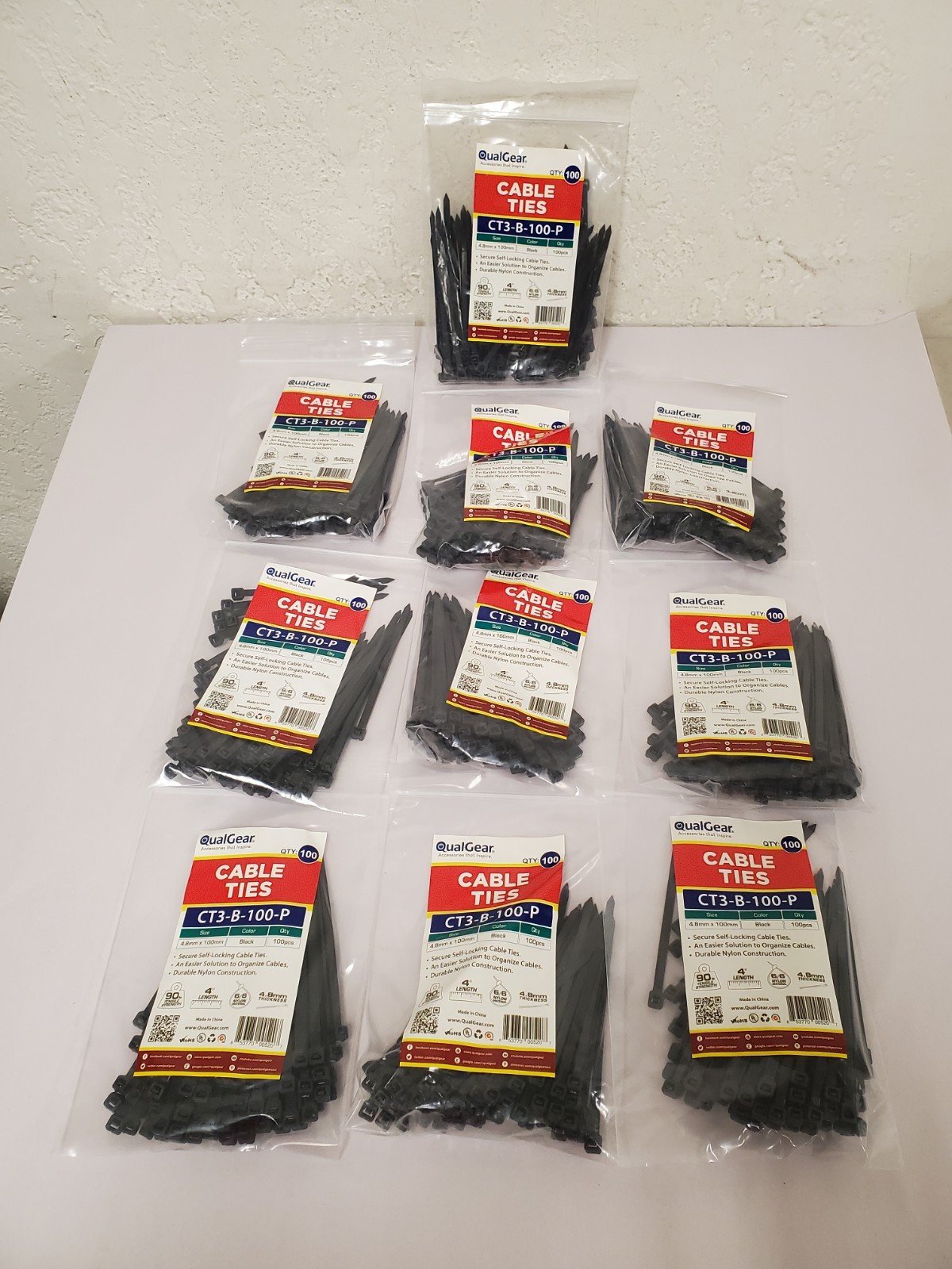 *10 100-PACKS* QualGear Self-Locking Cable Ties, 4 in., Black = 1,000 TOTAL