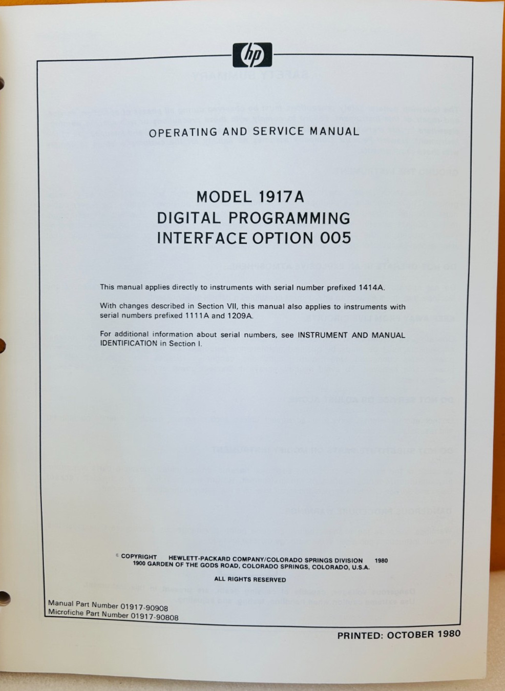 HP 01917-90908 Model 1917A Digital Programming Interface Opt 005 Service Manual.