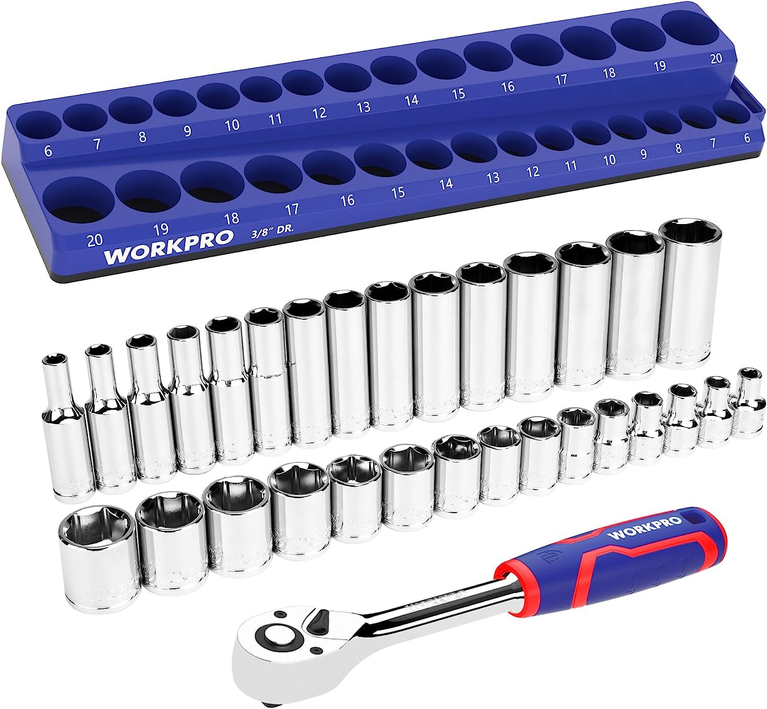 WORKPRO 32PC 3/8-inch Drive Metric Sockets and Ratchet 6-20mm Magnetic Organizer