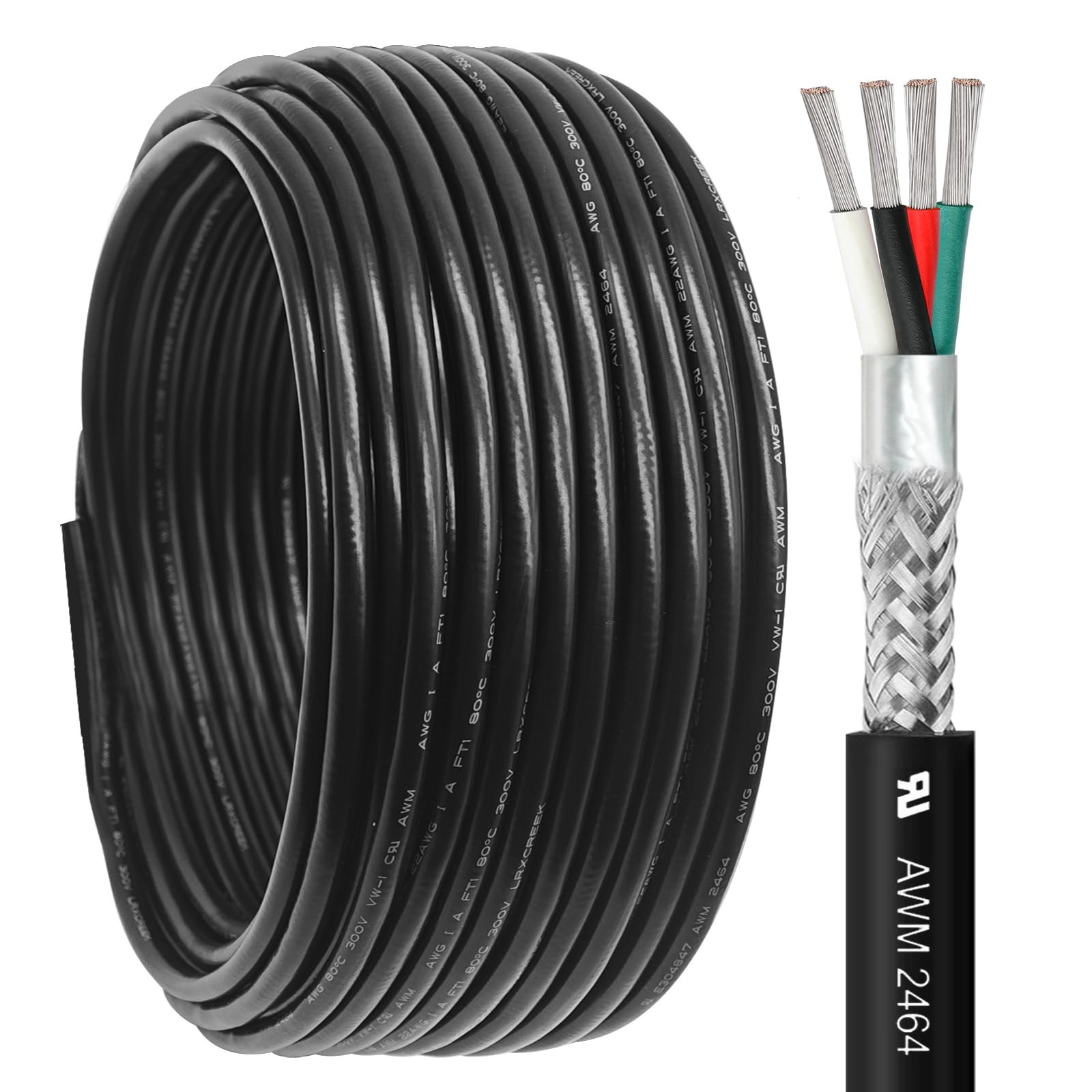 22/4 Shielded Wire 30FT 22 Gauge 4 Conductor Wire, UL2464 22 AWG 30 FT, Black