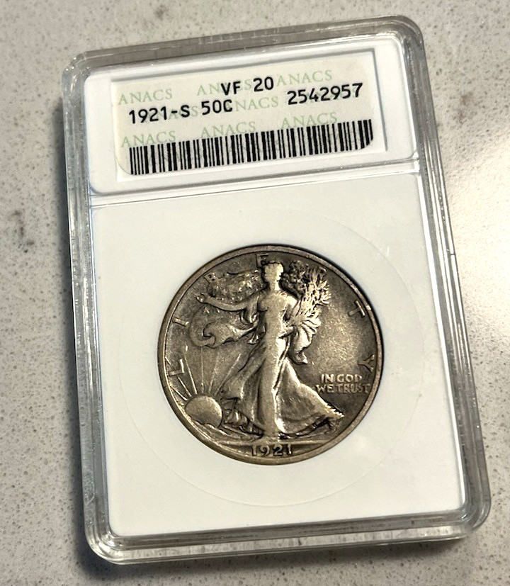 1921-S VF20 Key Date Walking Liberty Half Anacs Soapbox Old Holder PQ Nice!
