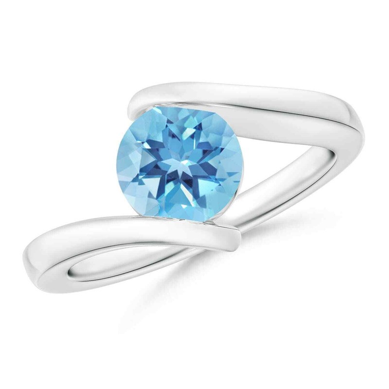 Bypass Shank Round Sahpe Aquamarine Solitaire Ring 925 Sterling Silver for Women