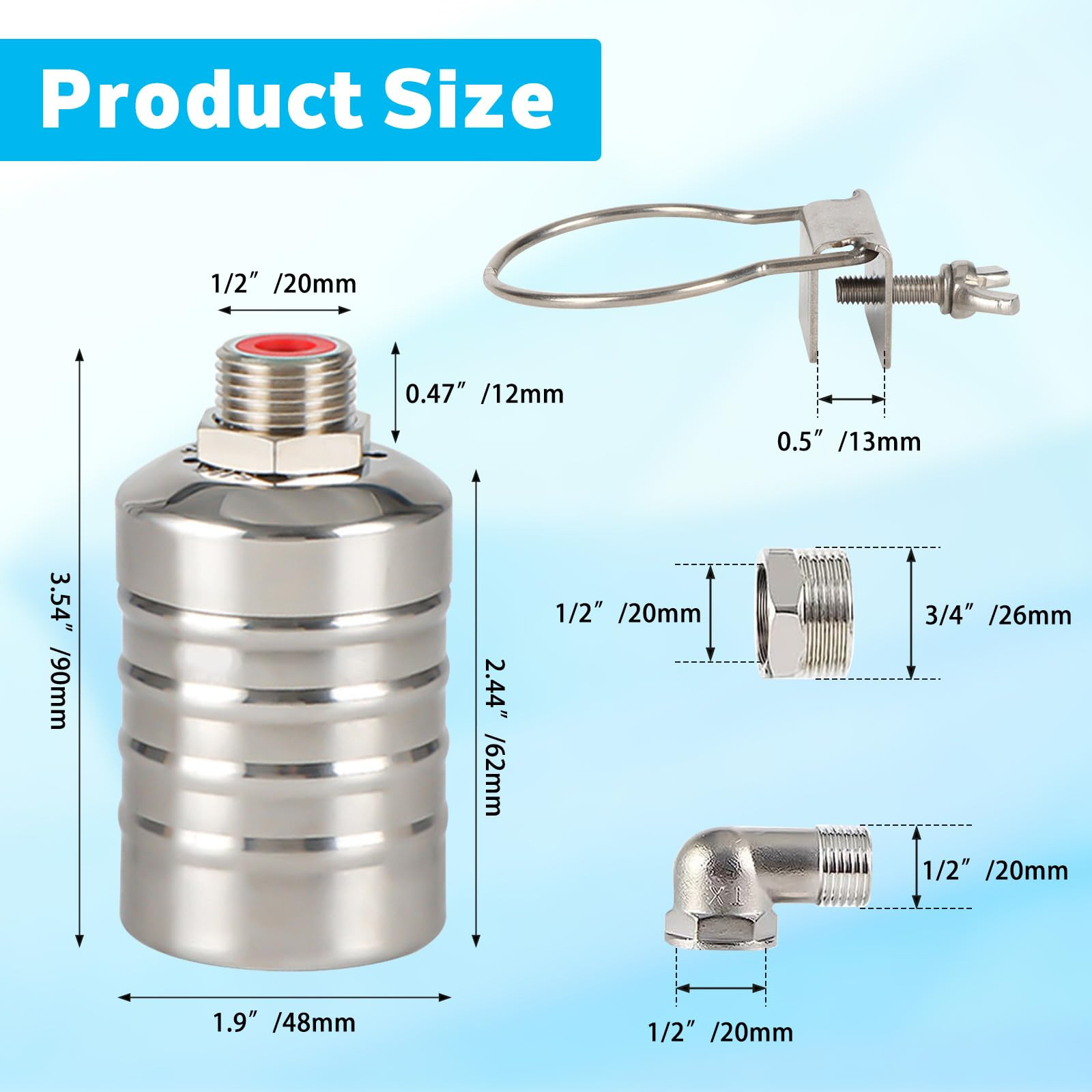2 Pack Float Valve - 1/2'' to 3/4'' Stainless Steel Automatic Water Level Con...
