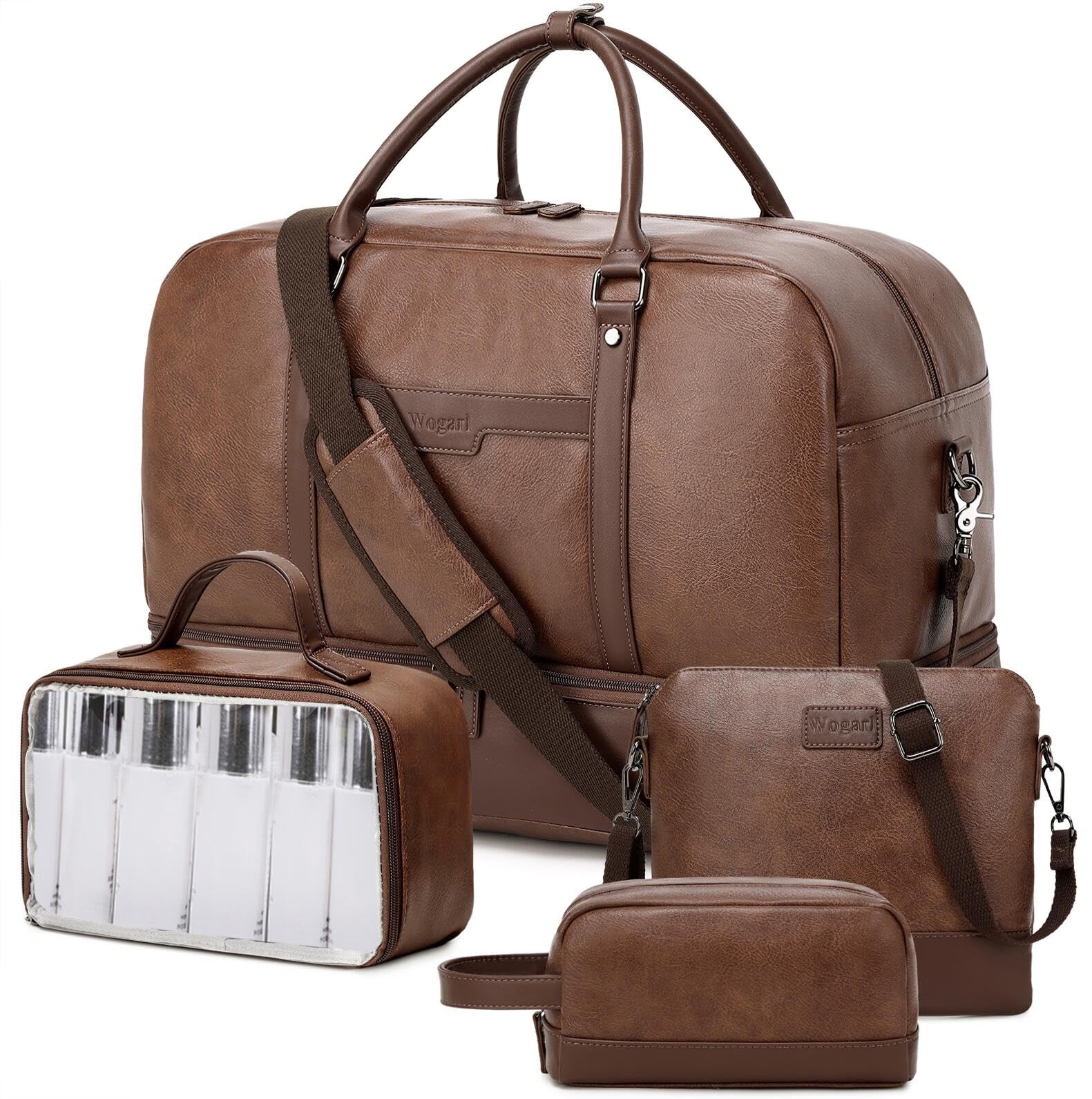 Faux Leather Weekender Duffel - Large Carry-On w/ Shoe Comp. Fits 21 Laptop