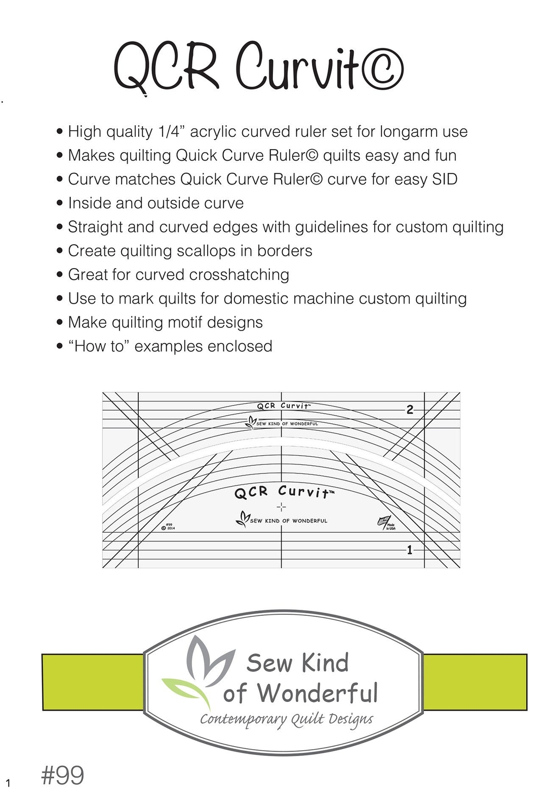 QCR Curvit Quick Curve Sidekick Longarm Quilting Template by Jenny Pedigo for Se