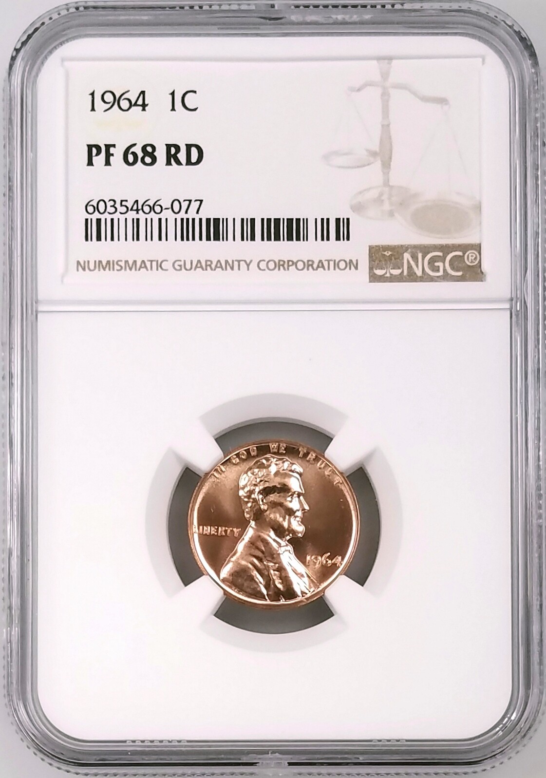 1964 Proof Lincoln Cent certified PF 68 RD by NGC!