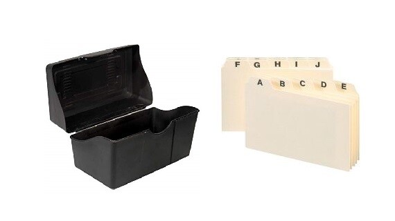 Black Index Card Holder with Alphabetic Guide Set Built In Ridges Secure 8"x5"