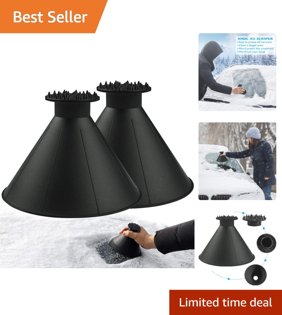 Magical 2-Pack Ice Scraper for Windshield - Cone Design for Effortless Clearing