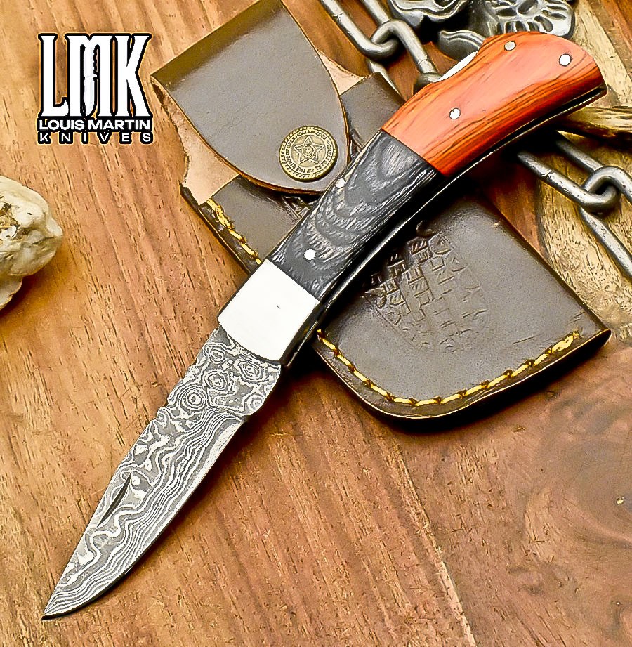 LMK Handmade Ladder Damascus Folding Knife Hard Wood Back Lock Sports Unique