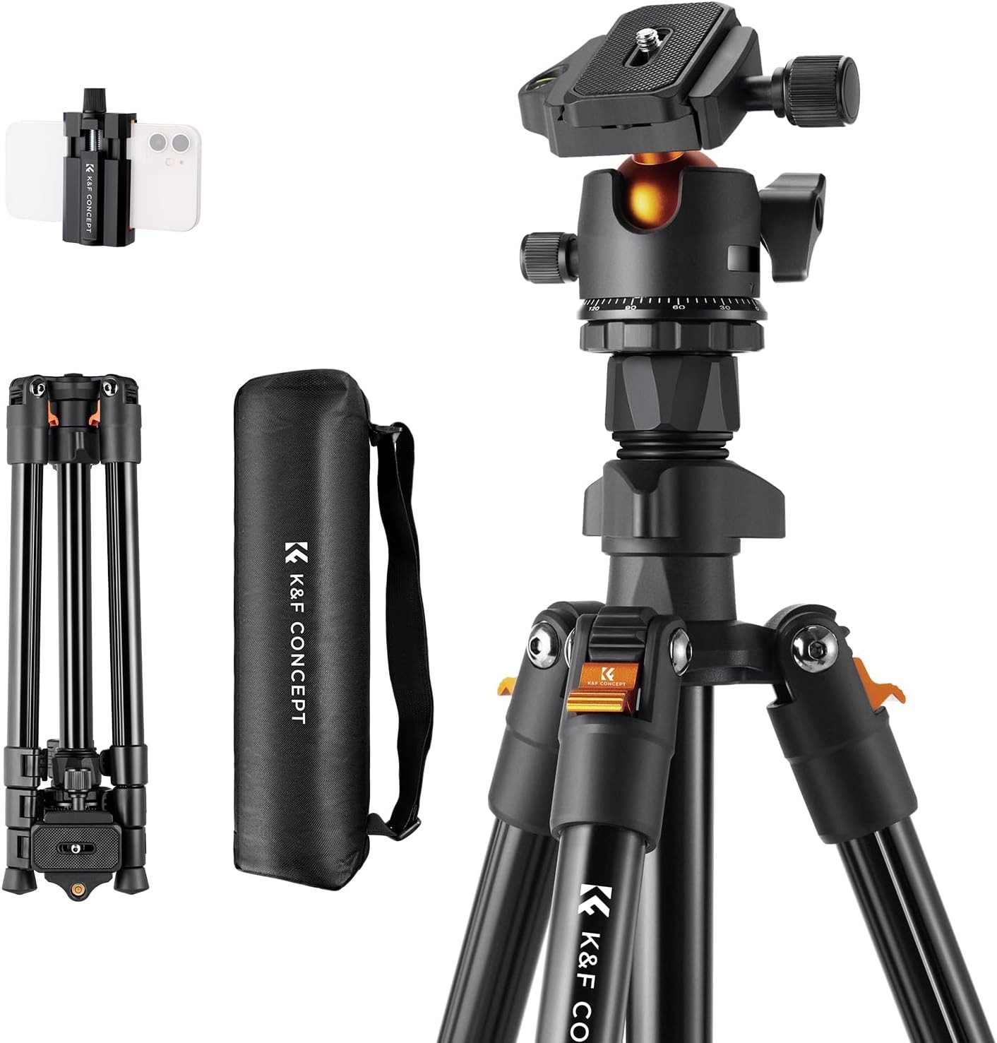 K&F CONCEPT 64" Camera Tripod w/ Cellphone Clip Lightweight Travel DSLR Tripod