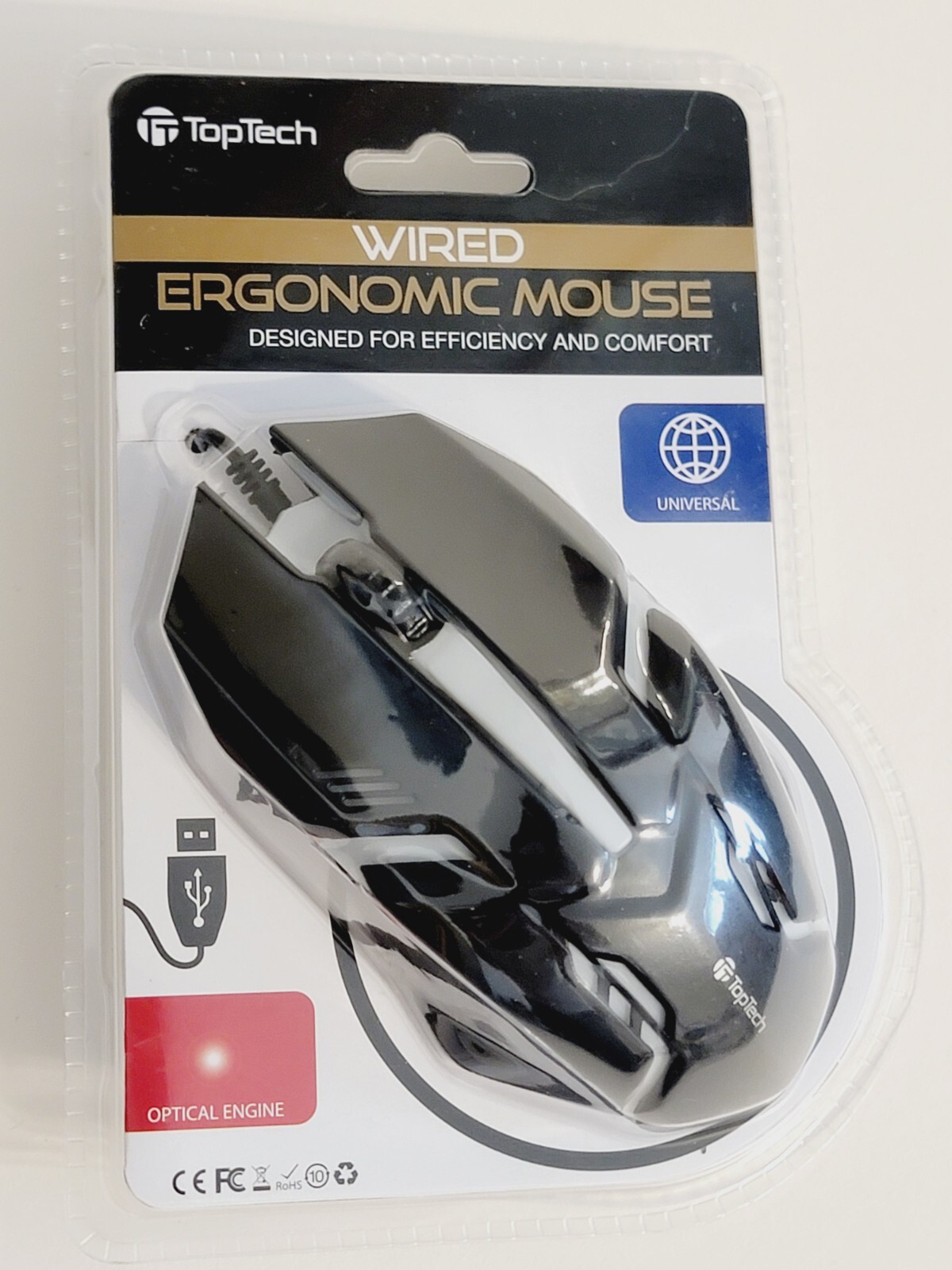TopTech Wired Optical Ergonomic Smooth Glide Mouse USB 
