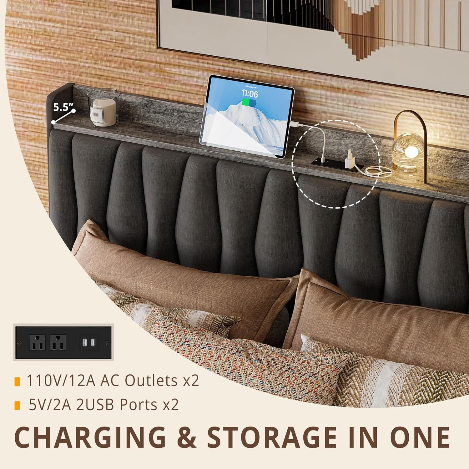 Twin Bed Frame with 3 Drawers, Upholstered Platform Bed with Storage Headboard a