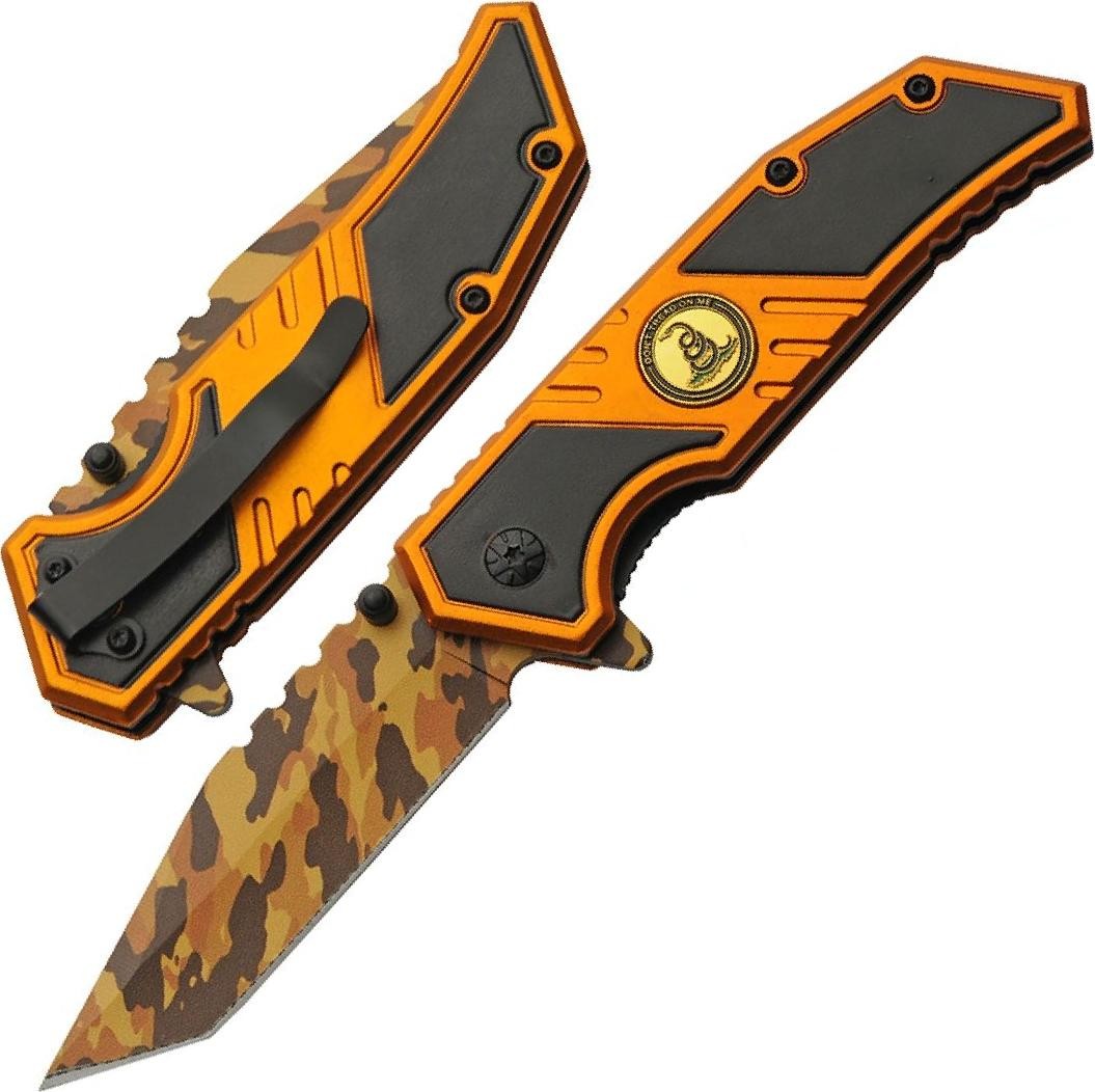 Spring-Assist Pocket Knife | 3.5in Orange Camo Tanto Blade Don't Tread on Me