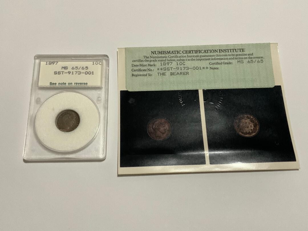 NCI Photo Certificate 1897  Barber Dime  . NCI Slab WITH Certificate.