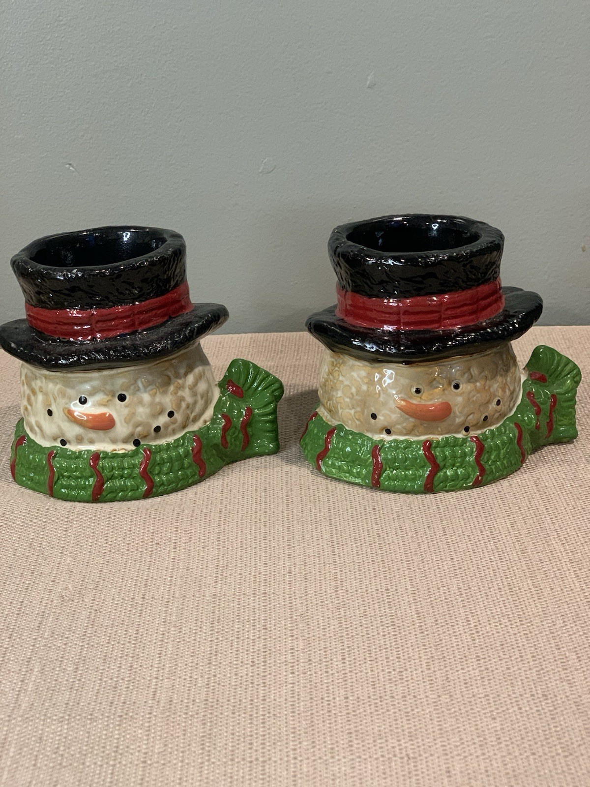 Set Of Two Yankee Candle Snowman Tea light Candle Holder Tophat Ceramic