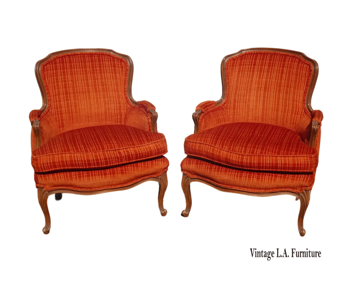 Pair of French Louis XV Red Orangish Bergere Side Chairs w Down Cushions