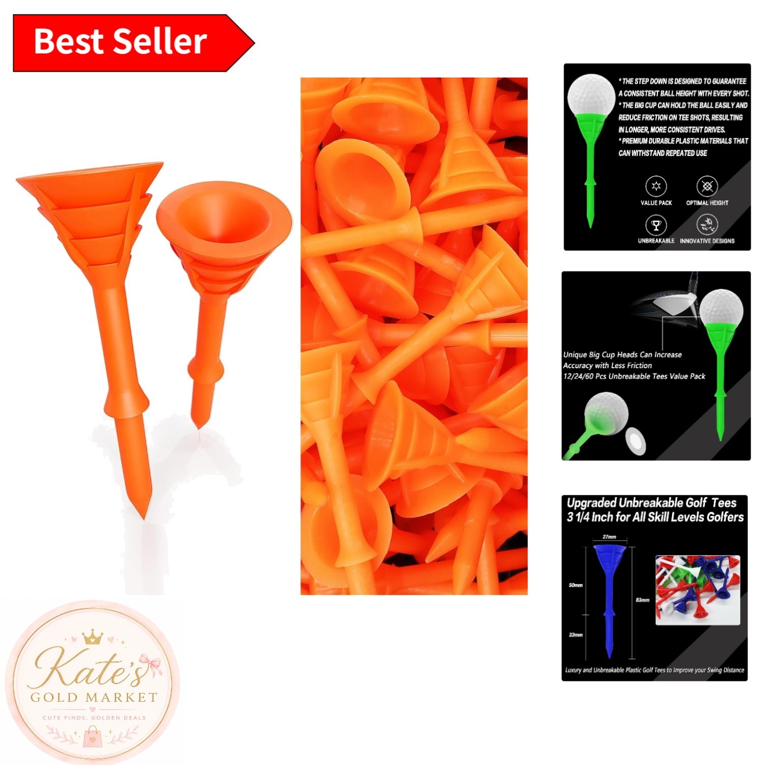 Unbreakable Golf Tees 3 1/4 Inch -  Durable 12/24/60 Pack in Vivid Colors