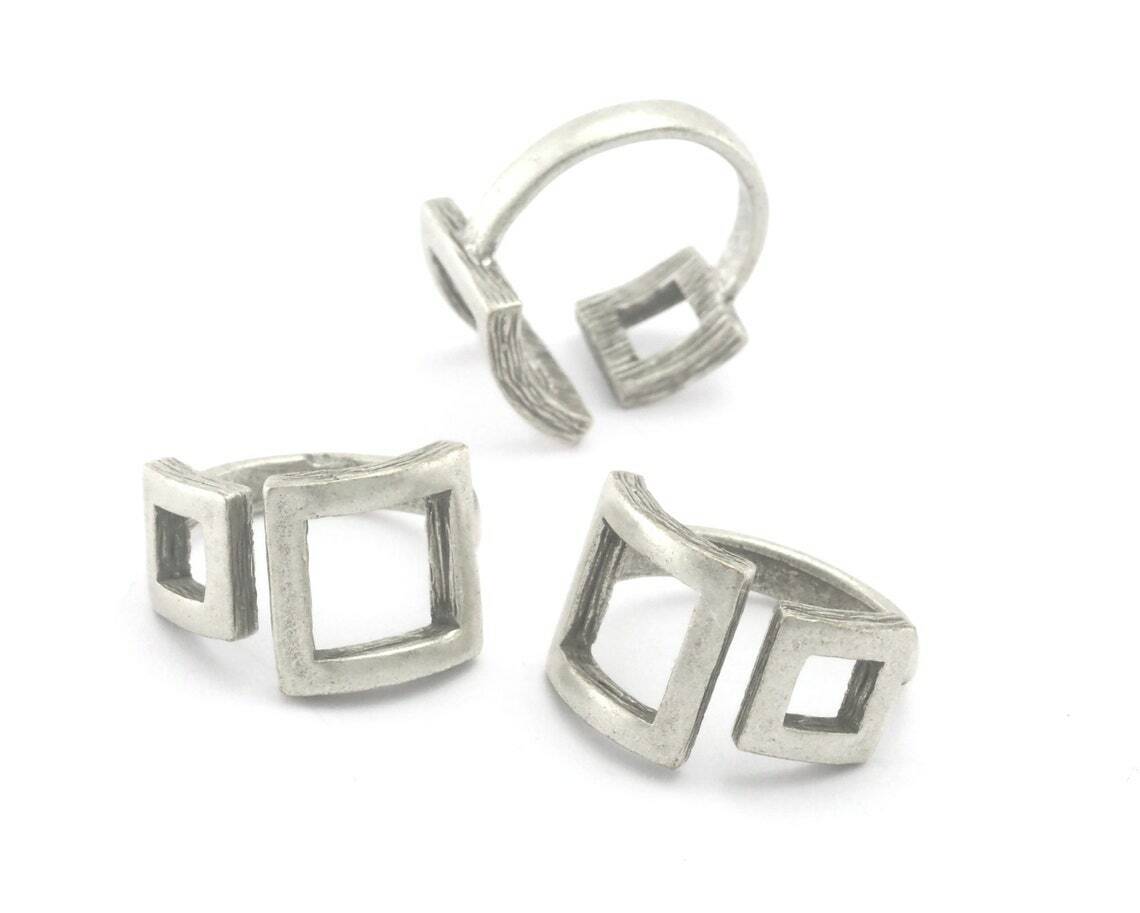 Square Frames Adjustable Statement Ring Antique silver plated brass 6-8US 4347
