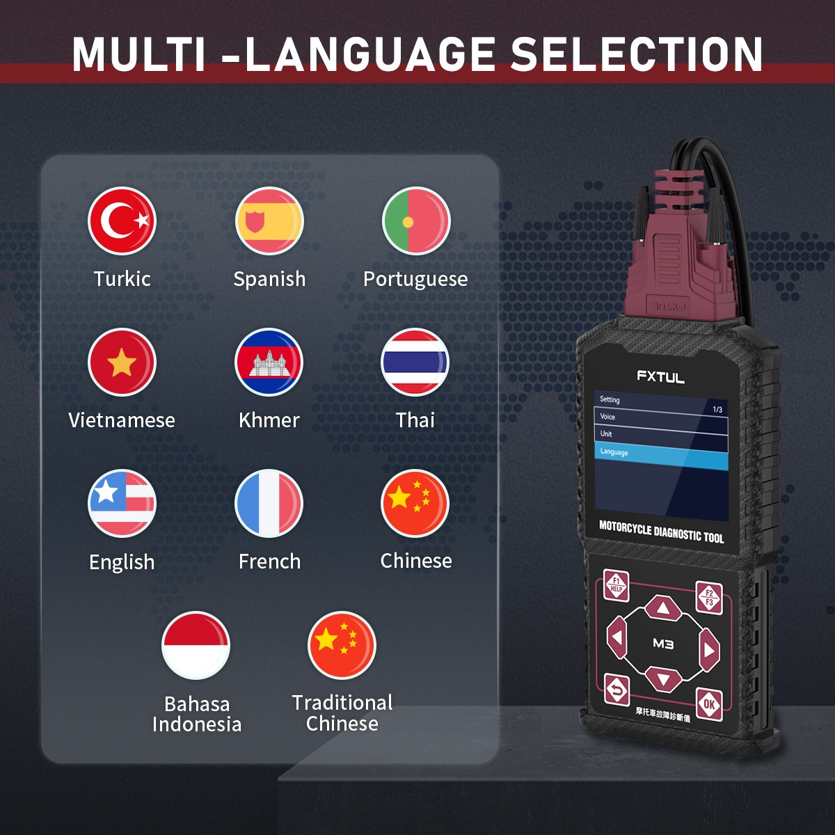 FXTUL M3-B Motorcycle Diagnostic Scanner OBD2 Code Reader for YAMAHA KYMCO SYM