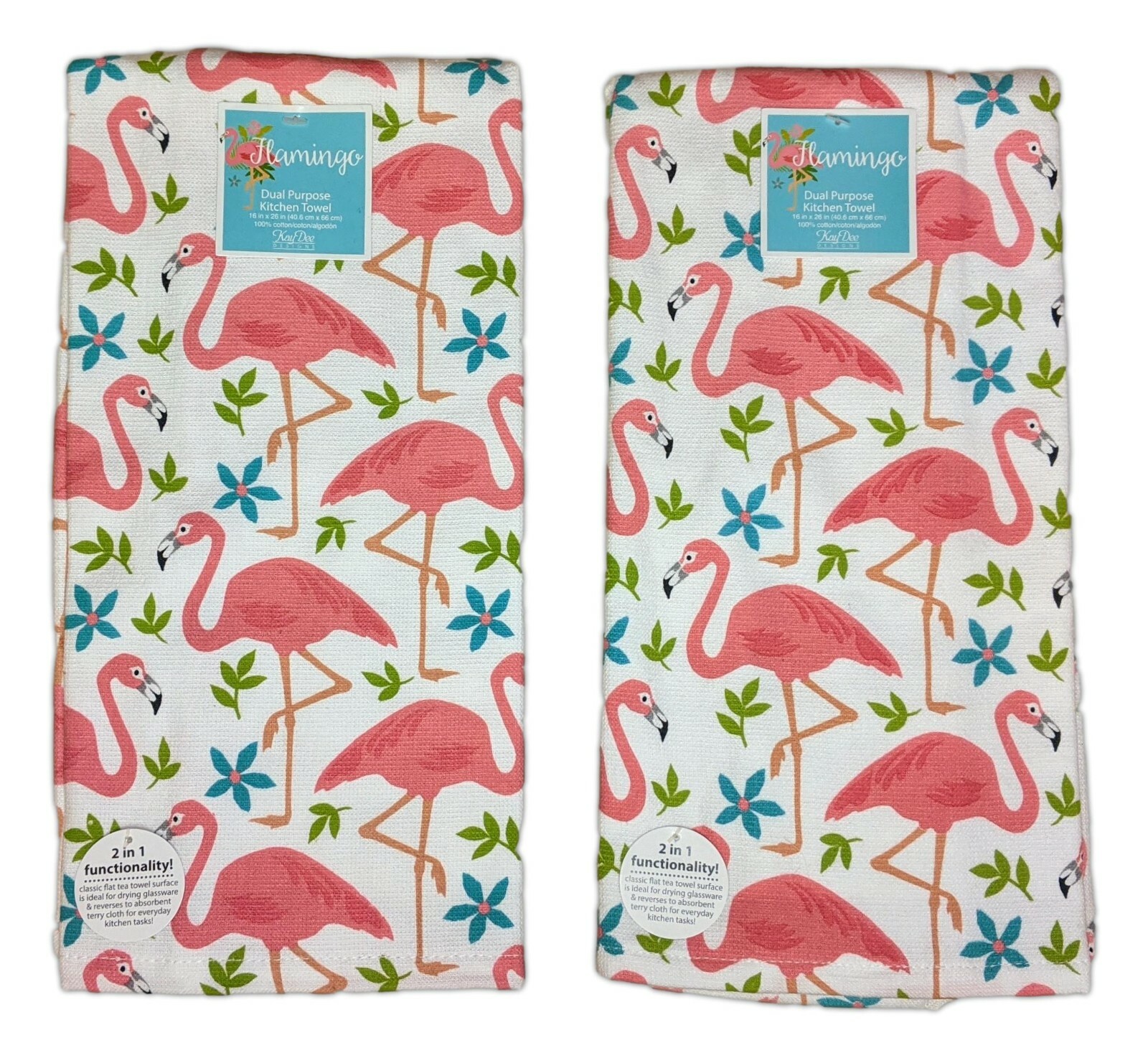 Set of 2 Tropical FLAMINGO Toss Terry Kitchen Towels by Kay Dee Designs