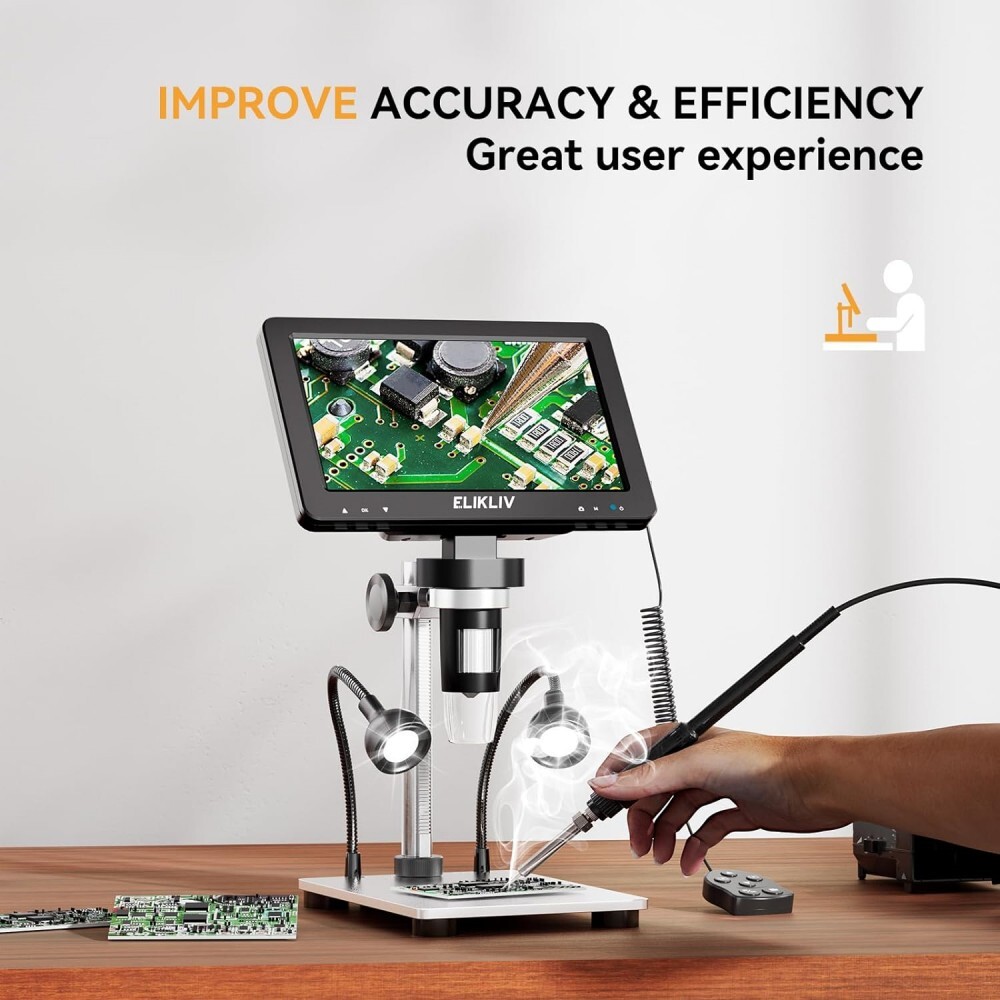 Elikliv USB Digital Microscope 1200X 7" LCD 1080P HD Camera Soldering microscope
