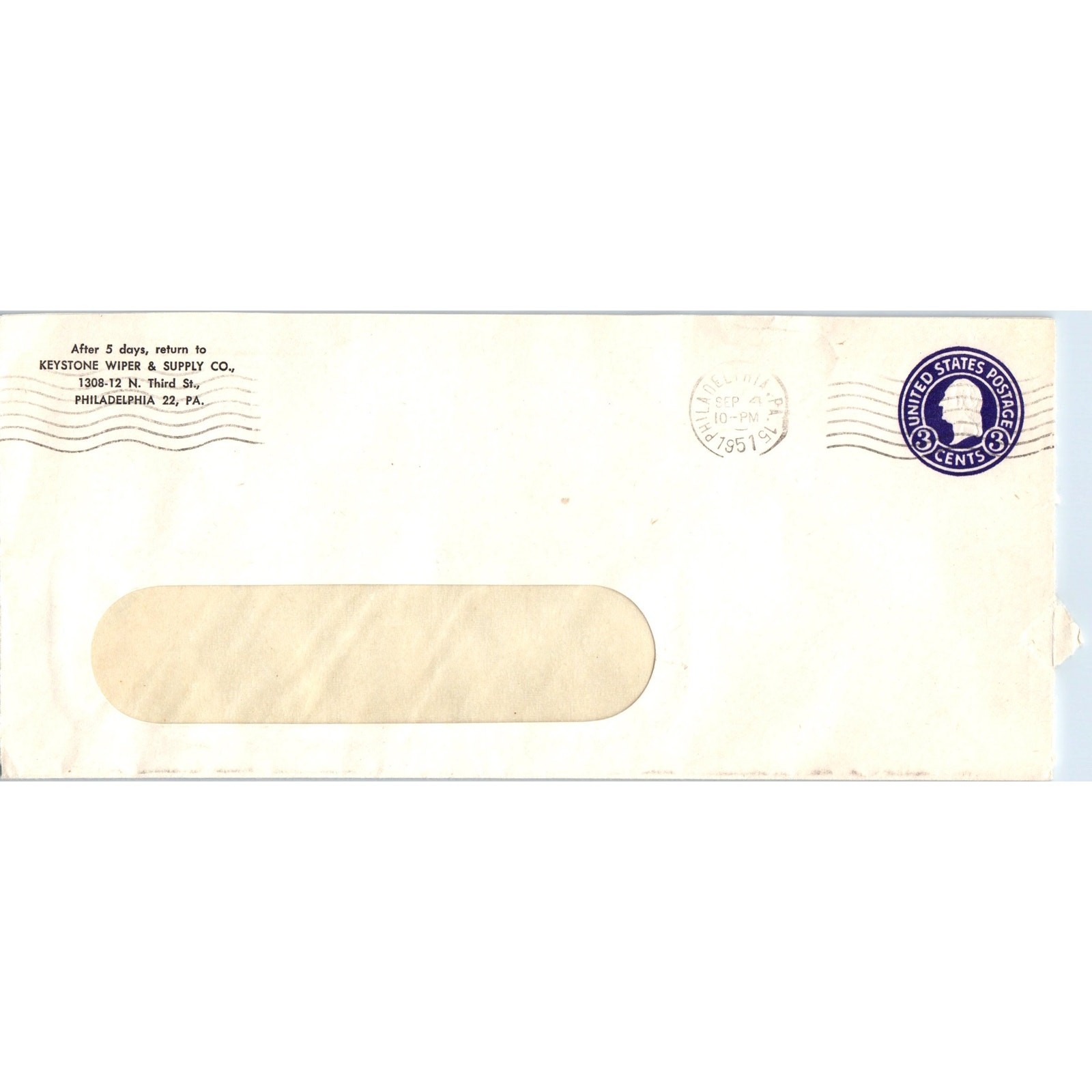 1951 Keystone Wiper & Supply Co Philadelphia Postal Cover Envelope TH9-L1
