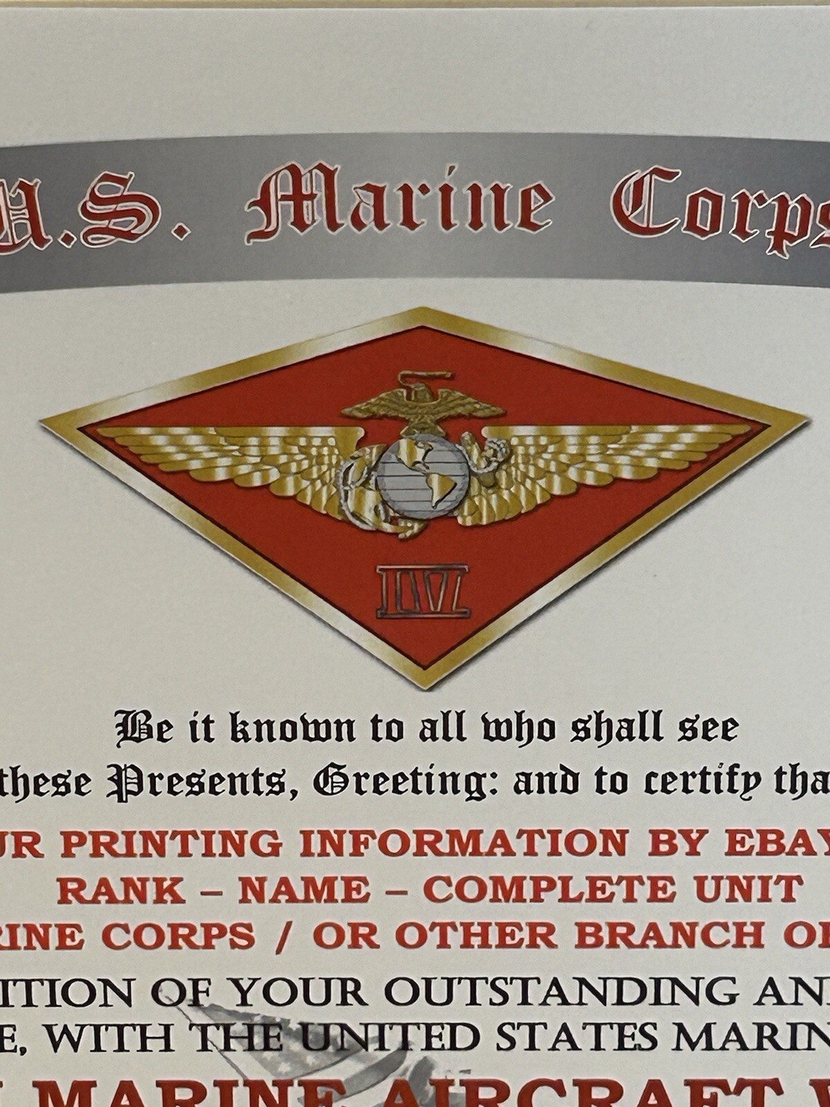 U.S.M.C. / 4TH MARINE AIRCRAFT WING - UNIT COMMENDATION AWARD CERTIFICATE