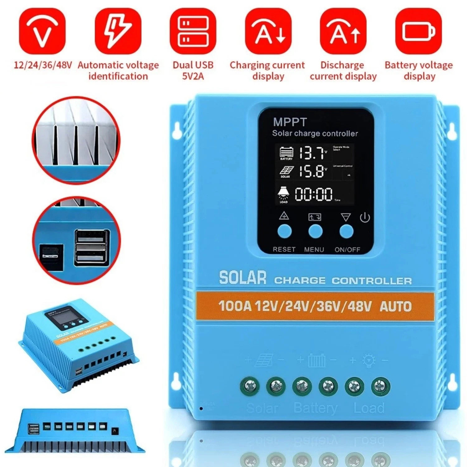 Upgraded 100A MPPT Solar Charge Controller 12V 24V 36V 48V LCD Display 4800W