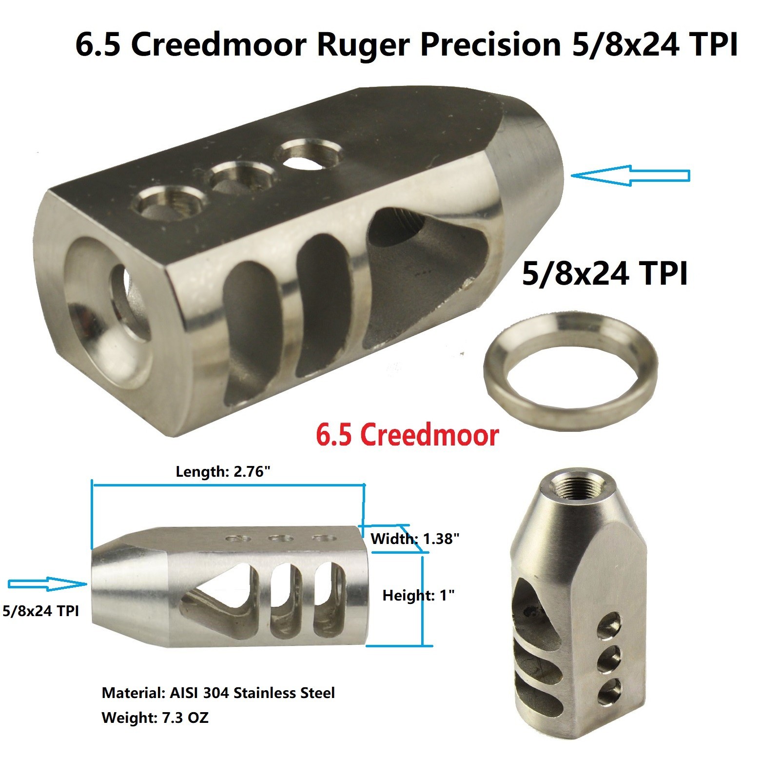 Stainless Steel 5/8x24 TPI Tanker Muzzle Brake For 6.5 Creedmoor w Crush Washer