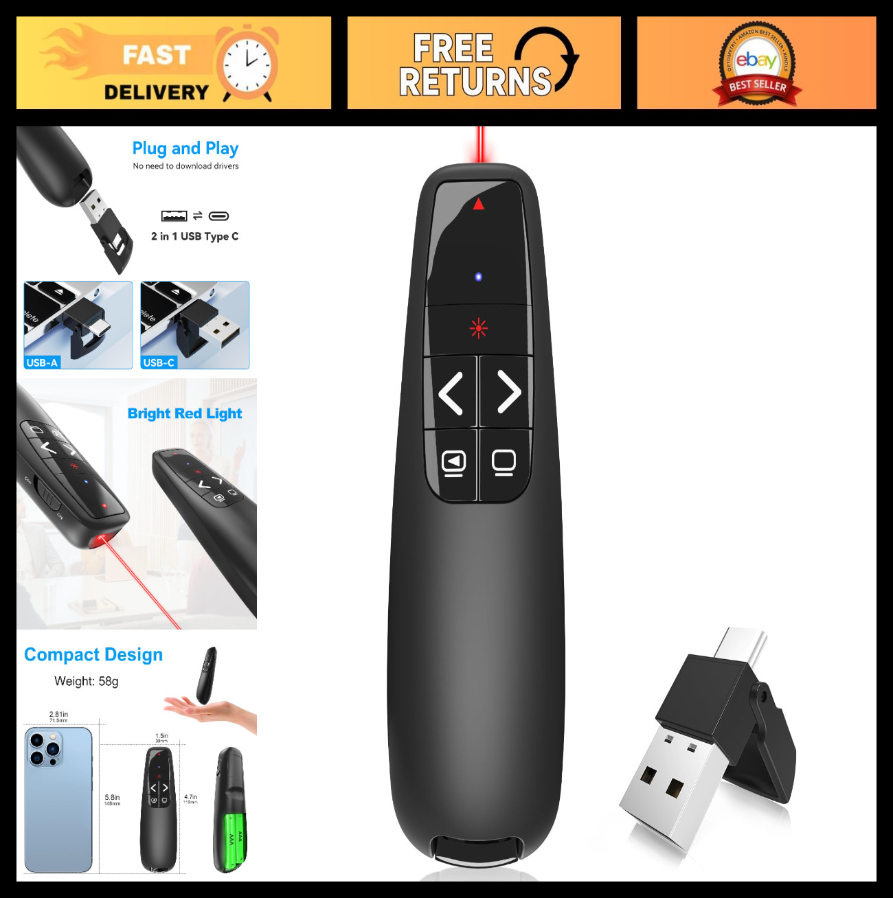 Wireless Presentation Clicker Remote - USB Type C Laser Pointer for PPT, Google