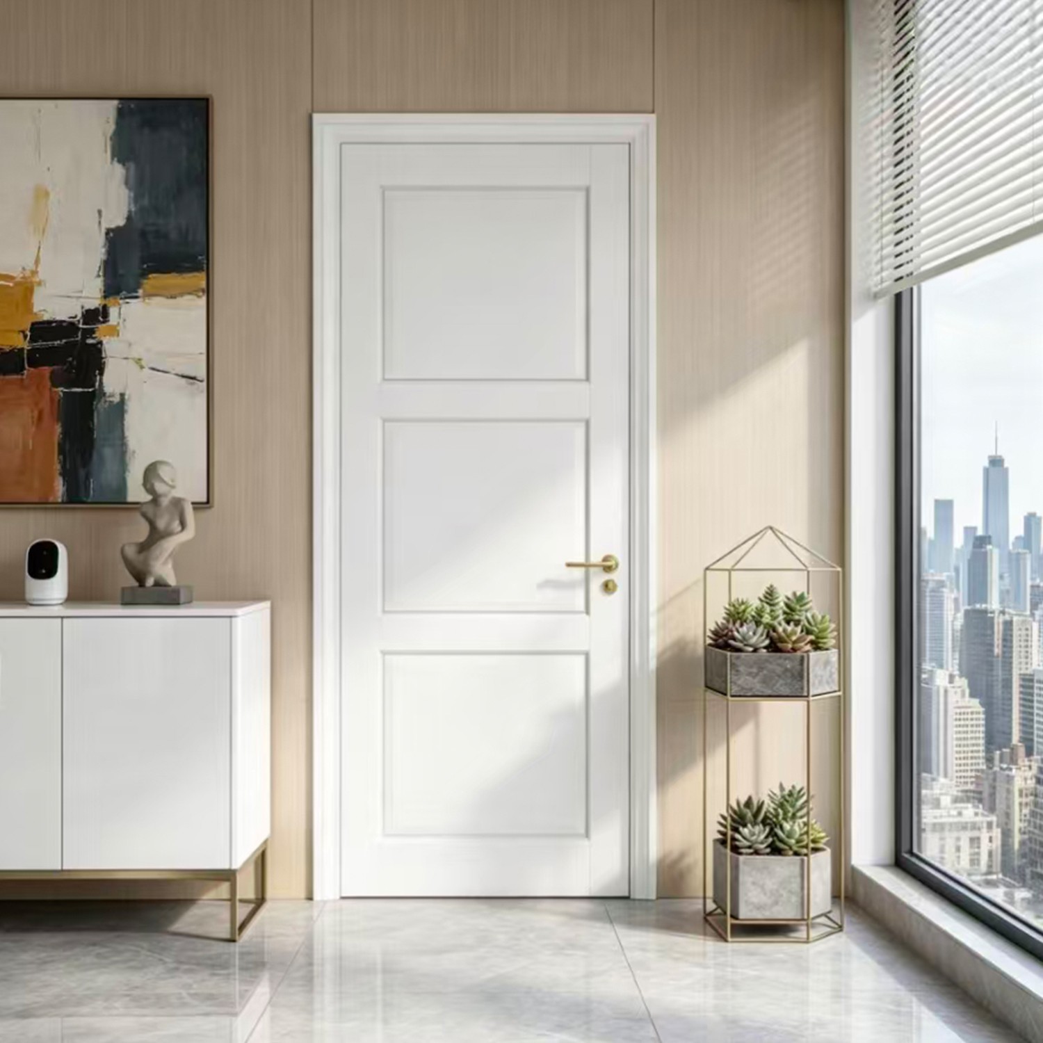 Solid Core White Interior Door Modern Style 24"Wx80"H 3-Paneled Door For Bedroom