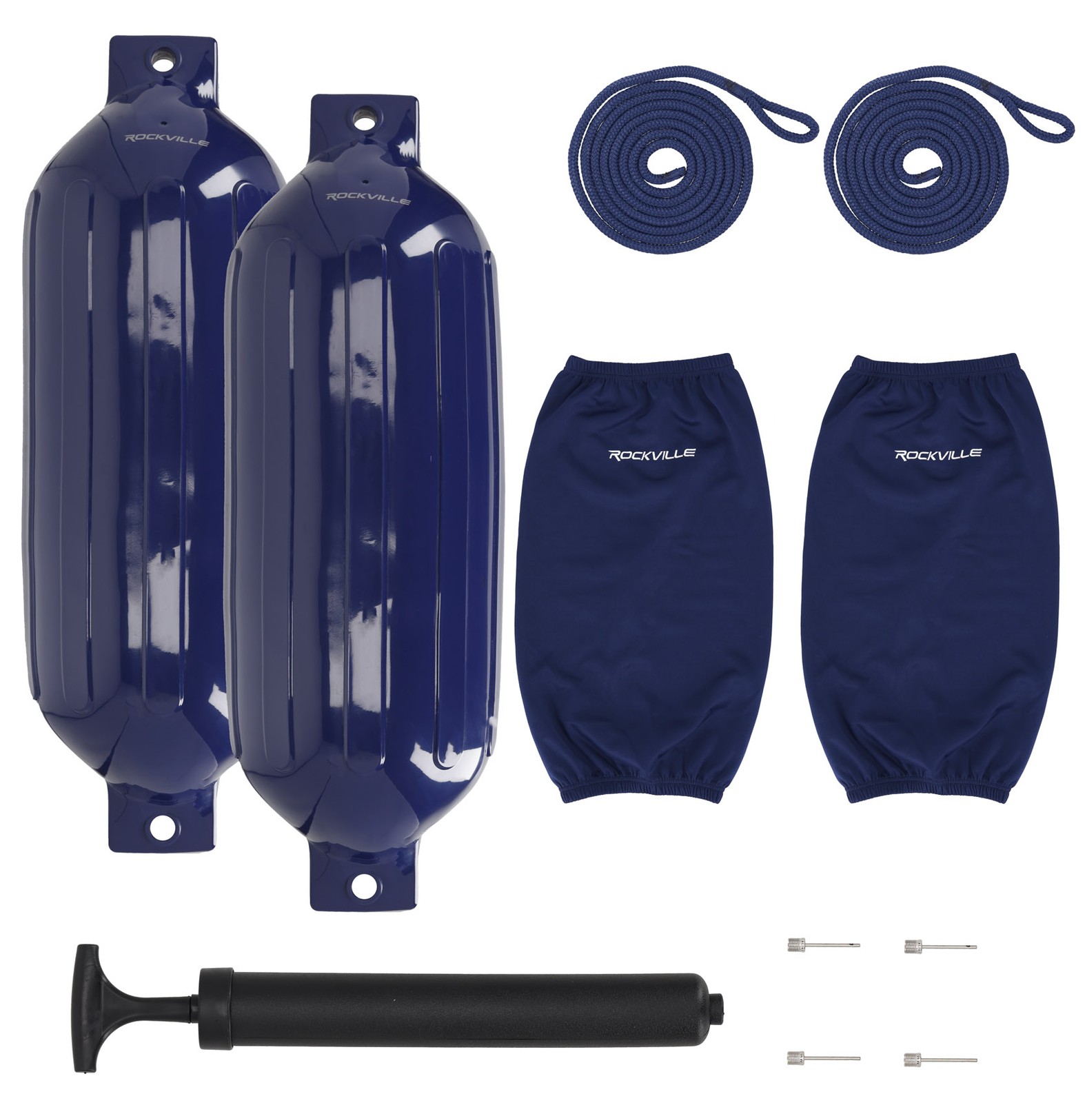 Rockville FEN210-NAVY BLUE Boat Fender Package 2Bumpers 10"x30",2 Covers,2 Lines