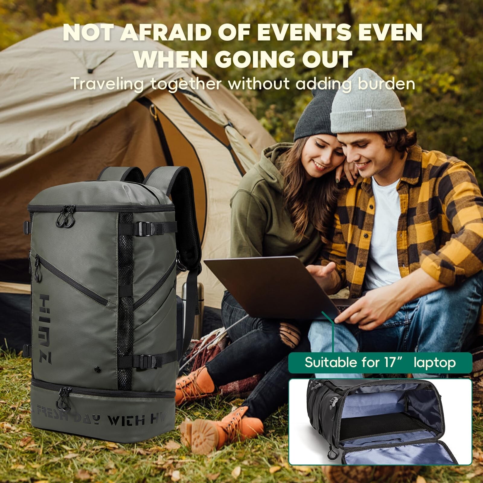 Waterproof Camping Backpack with Lunch Compartment, Mens Backpack Insulated f...