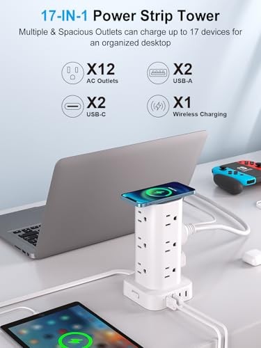 Power Strip Tower with Wireless Charger, Flat 6FT with Wireless Charging White