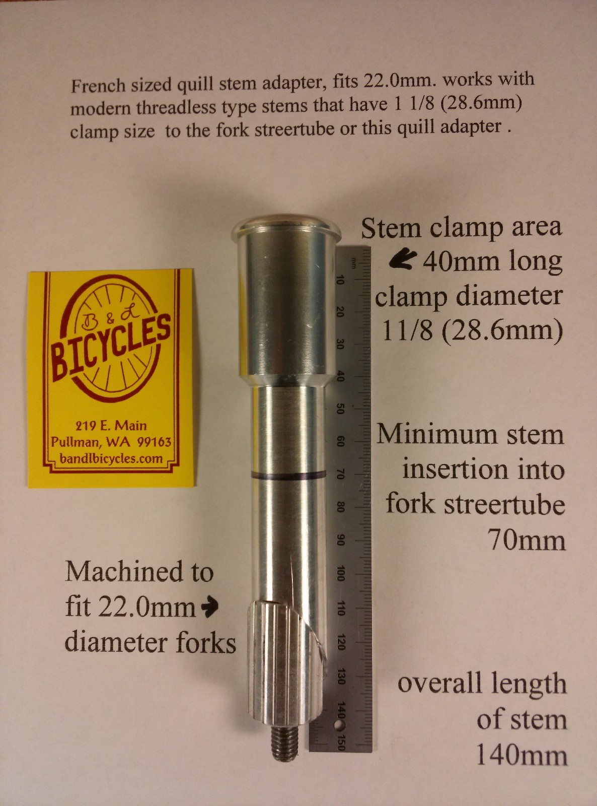 French bicycle stem quill adapter for 22.0 , threadless