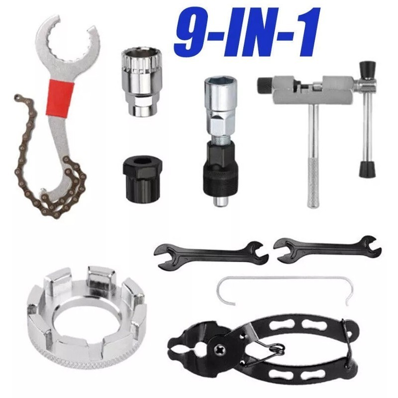 9 Pcs MTB Bike Tool Kit, Crank Puller Chain Splitter Freewheel Removal Set