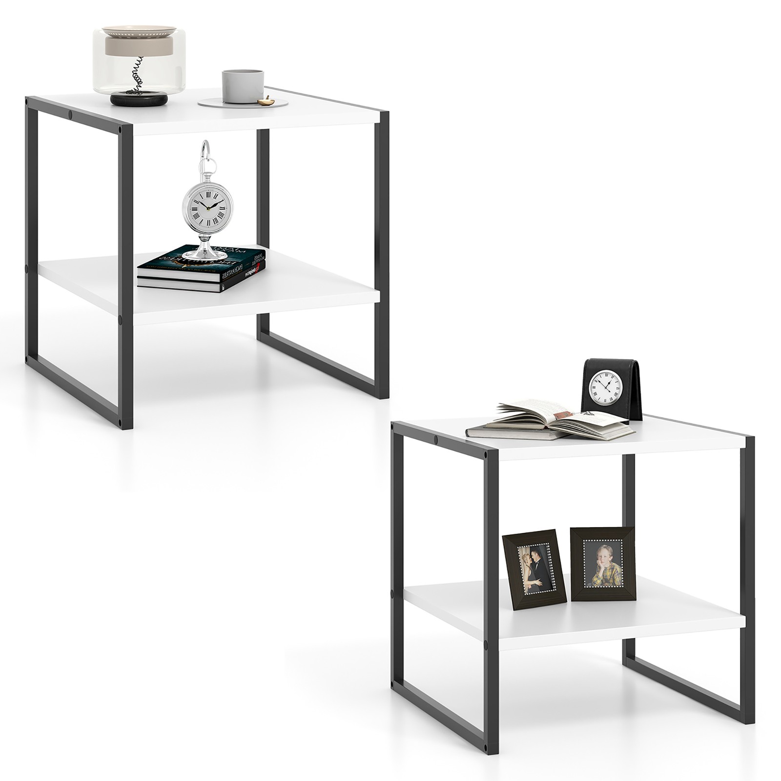 2PCS 20'' 2-Tier End Table w/ Storage Shelf Reversible Design for Living Room